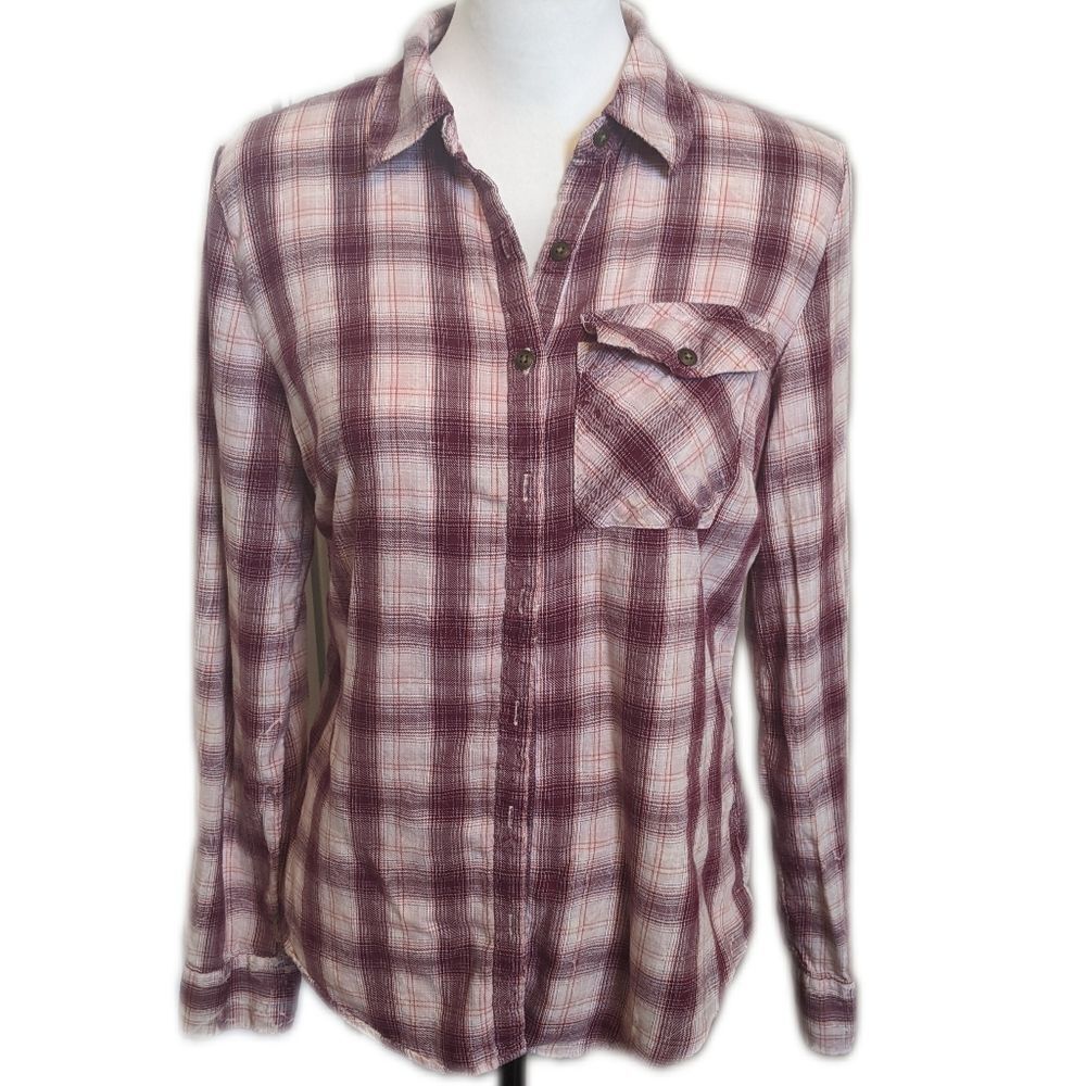 5/$55 Maurice's Cabin Plaid Button down tunic flannel boyfriend shirt size S